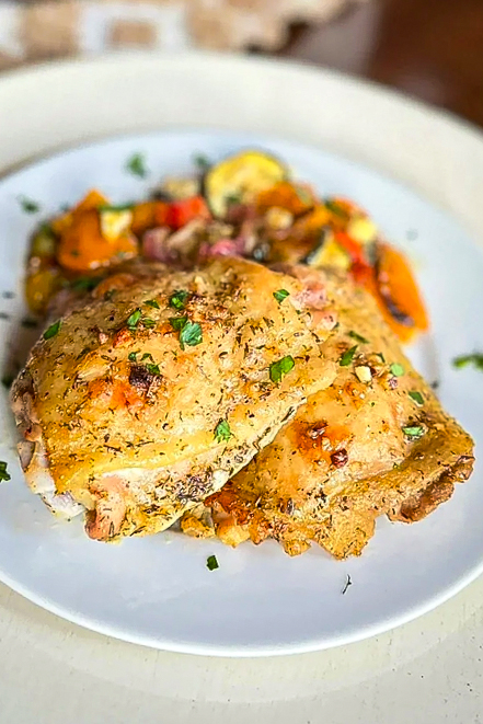 close up of dinner plate with cooked chicken and vegetables from the Greek sheet pan chicken recipe
